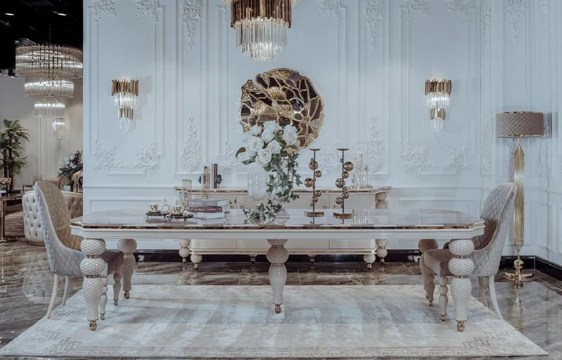 Casa Padrino Luxus Art Deco Esstisch Grau / Weiß / Gold 260 x 113 x H. 79 cm - Prunkvoller Art Deco Esszimmer Tisch mit Kunstmarmor Tischplatte - Art Deco Esszimmer Möbel - Luxus Qualität