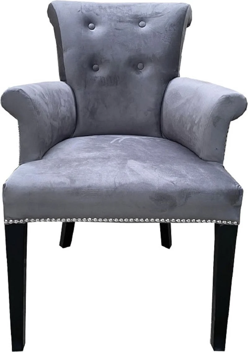 Casa Padrino Luxus Esszimmerstuhl 6er Set Grau / Schwarz - Massivholz Küchenstühle mit Armlehnen und edlem Samtstoff - Luxus Esszimmer & Restaurant Möbel
