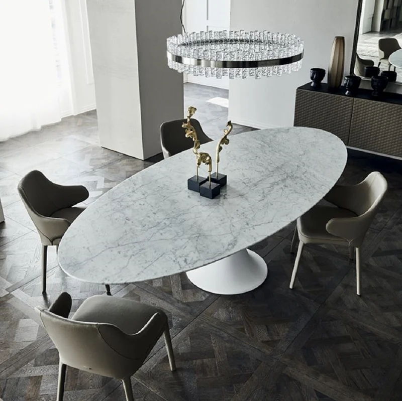 Casa Padrino Luxus Esstisch Matt Weiß 290 x 130 x H. 75 cm - Ovaler Esszimmertisch mit hochwertiger Carrara Marmor Tischplatte - Moderne Esszimmer Möbel - Luxus Qualität - Made in Italy