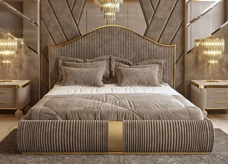 Casa Padrino Luxus Art Deco Doppelbett Grau / Gold - Edles Massivholz Bett mit Kopfteil - Art Deco Schlafzimmer & Hotel Möbel