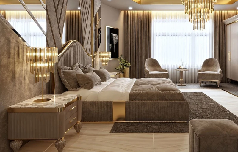 Casa Padrino Luxus Art Deco Doppelbett Grau / Gold - Edles Massivholz Bett mit Kopfteil - Art Deco Schlafzimmer & Hotel Möbel
