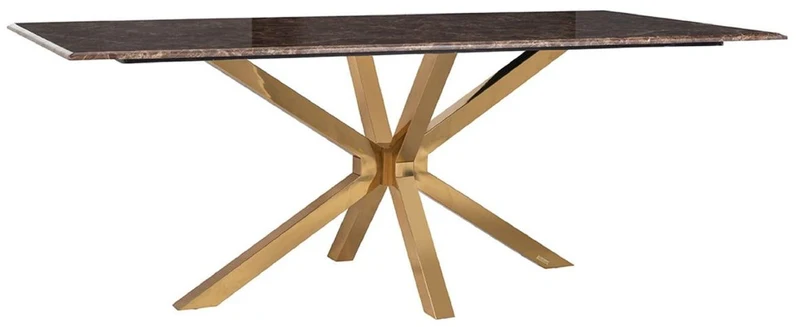 Casa Padrino Luxus Esstisch Braun / Gold 200 x 100 x H. 77 cm - Rechteckiger Esszimmertisch mit Kunstmarmor Tischplatte und Edelstahl Beinen - Luxus Esszimmer Möbel