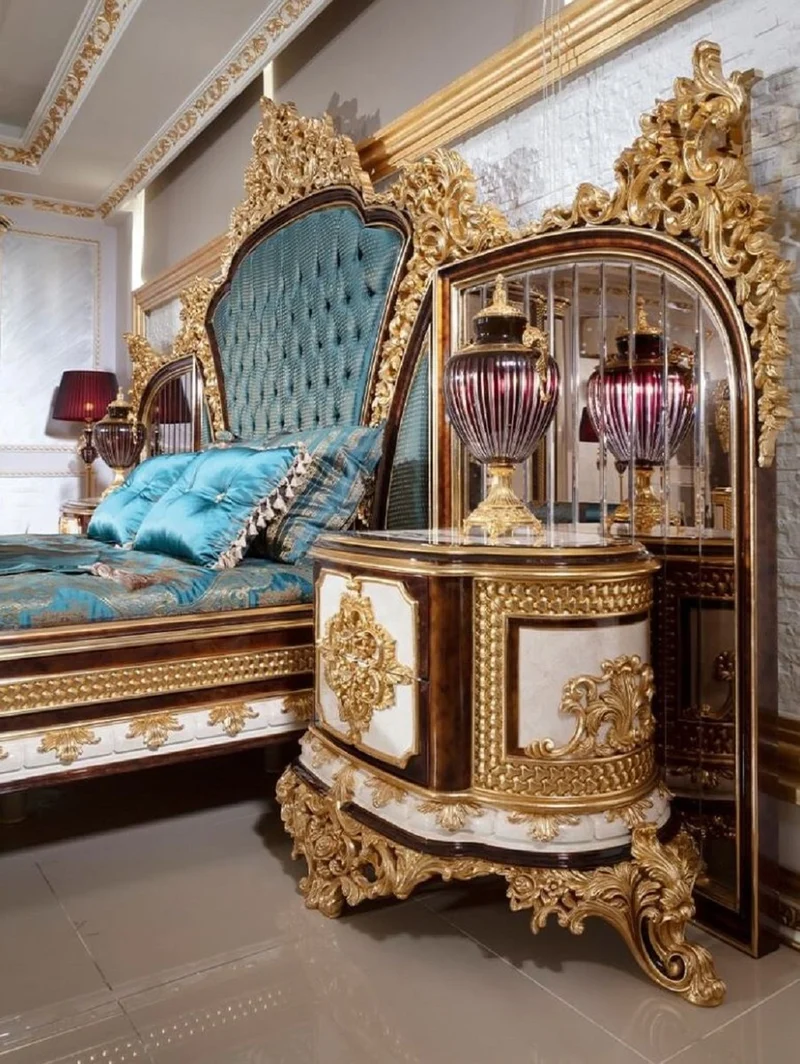 Casa Padrino Luxus Barock Schlafzimmer Set Blau / Weiß / Braun / Gold - Doppelbett mit Kopfteil & 2 Nachtkommoden