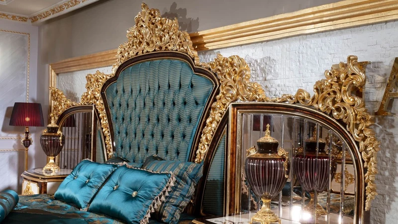 Casa Padrino Luxus Barock Schlafzimmer Set Blau / Weiß / Braun / Gold - Doppelbett mit Kopfteil & 2 Nachtkommoden