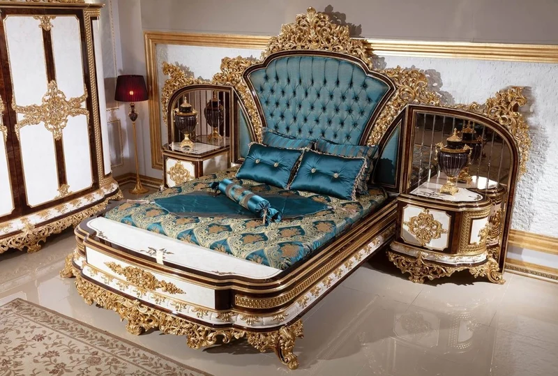 Casa Padrino Luxus Barock Schlafzimmer Set Blau / Weiß / Braun / Gold - Doppelbett mit Kopfteil & 2 Nachtkommoden