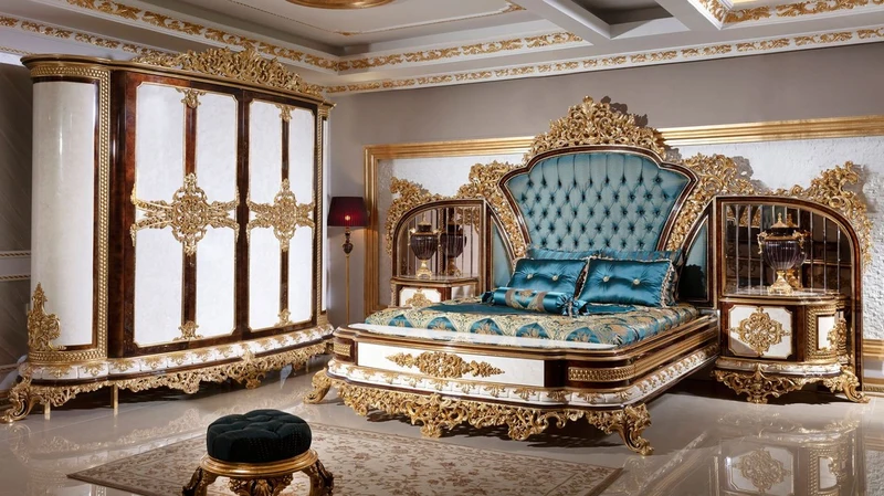 Casa Padrino Luxus Barock Schlafzimmer Set Blau / Weiß / Braun / Gold - Doppelbett mit Kopfteil & 2 Nachtkommoden