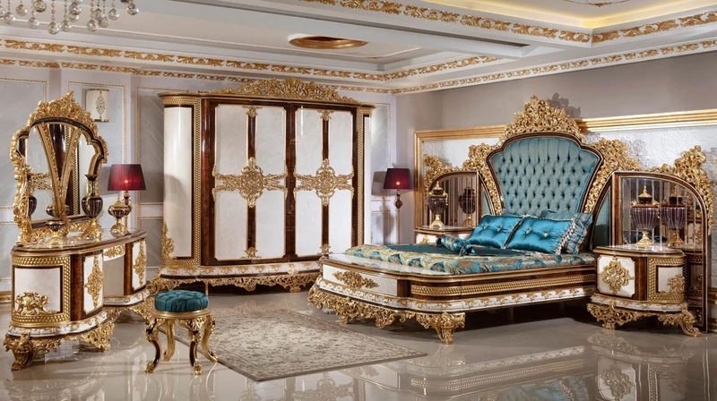 Casa Padrino Luxus Barock Schlafzimmer Set Blau / Weiß / Braun / Gold - Doppelbett mit Kopfteil & 2 Nachtkommoden