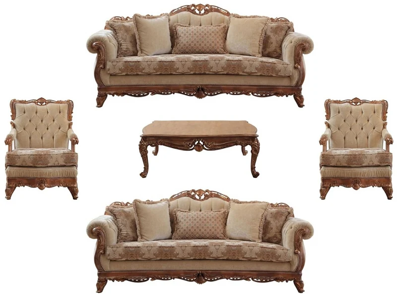 Casa Padrino Luxus Barock Wohnzimmer Set Beige / Braun - 2 Sofas & 2 Sessel & 1 Couchtisch - Handgefertigte Wohnzimmer Möbel im Barockstil - Edel & Prunkvoll