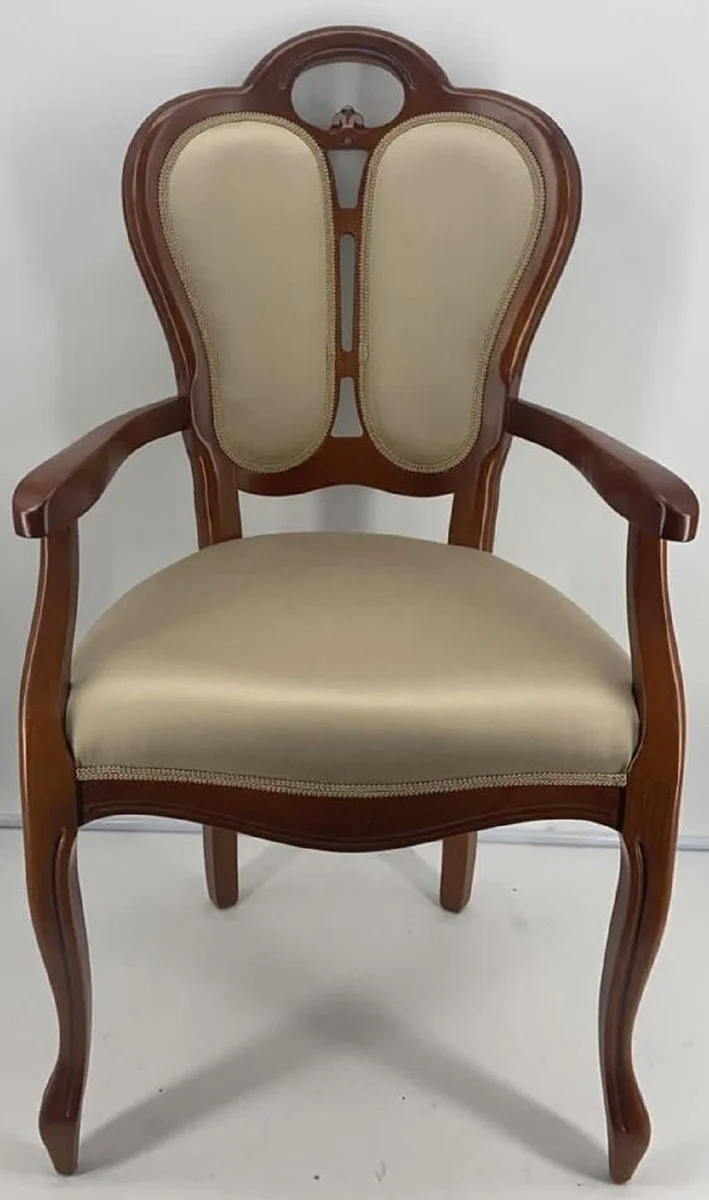 Casa Padrino Luxus Jugendstil Esszimmerstuhl mit Armlehnen Gold / Braun 57 x 43 x H. 105 cm - Gepolsterter Massivholz Stuhl - Jugendstil Esszimmermöbel