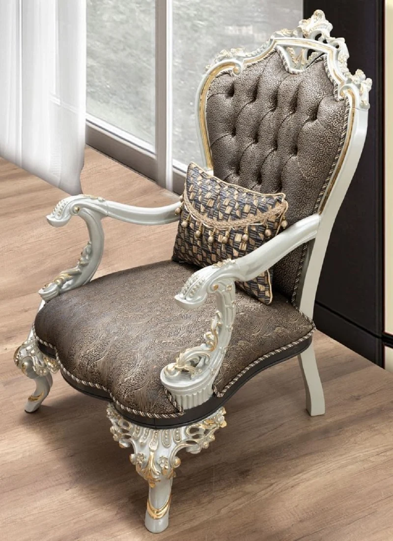 Casa Padrino Luxus Barock Sessel Blau / Gold / Grau / Weiß / Gold - Prunkvoller Wohnzimmer Sessel mit elegantem Muster - Barock Wohnzimmer Möbel