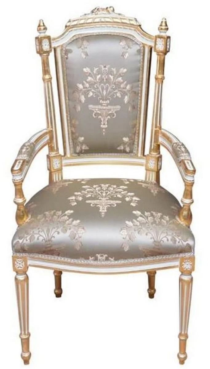Casa Padrino Barock Esszimmerstuhl Silber / Weiß / Gold - Handgefertigter Antik Stil Stuhl mit Armlehnen - Esszimmer Möbel im Barockstil
