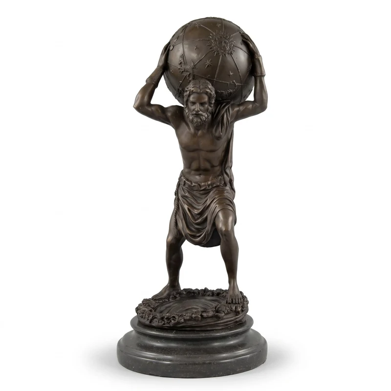 Casa Padrino Jugendstil Bronze Skulptur Mann mit Kugel Bronzefarben / Schwarz 15 x 15 x H. 33 cm - Bronzefigur - Dekofigur - Schreibtisch Deko Accessoires