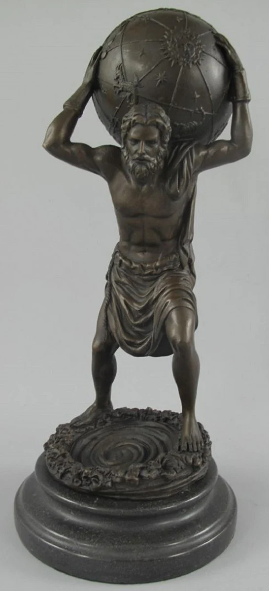 Casa Padrino Jugendstil Bronze Skulptur Mann mit Kugel Bronzefarben / Schwarz 15 x 15 x H. 33 cm - Bronzefigur - Dekofigur - Schreibtisch Deko Accessoires