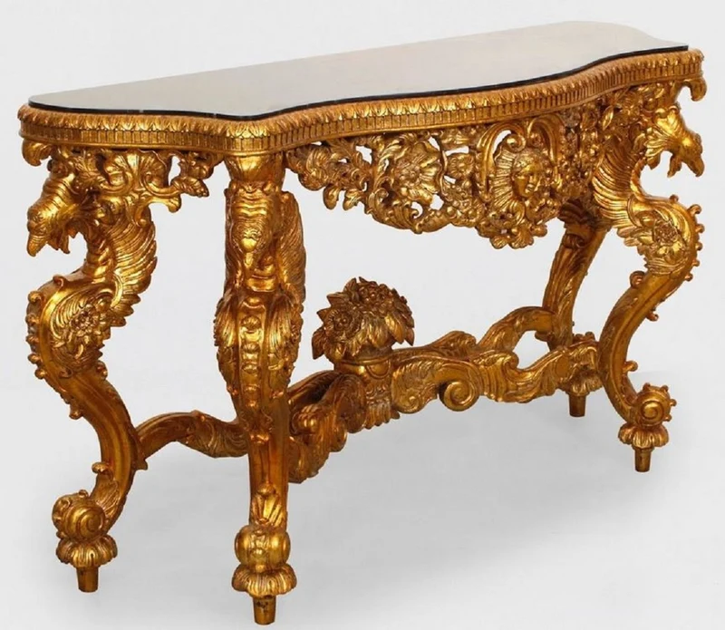 Casa Padrino Luxus Barock Konsole Gold / Schwarz - Handgefertigter Massivholz Konsolentisch mit edlen Verzierungen und Marmorplatte - Barock Möbel