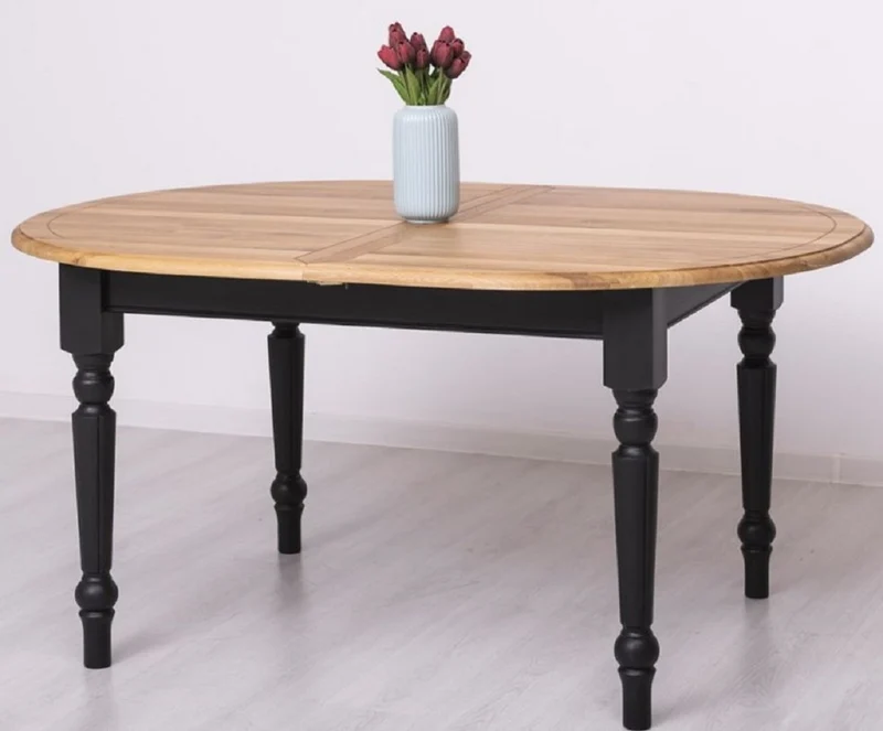 Casa Padrino Landhausstil Esstisch Naturfarben / Schwarz 160-200 x 120 x H. 78 cm - Ovaler ausziehbarer massivholz Küchentisch mit Eichenholz Tischplatte - Esszimmer Möbel im Landhausstil