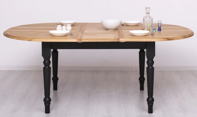 Casa Padrino Landhausstil Esstisch Naturfarben / Schwarz 160-200 x 120 x H. 78 cm - Ovaler ausziehbarer massivholz Küchentisch mit Eichenholz Tischplatte - Esszimmer Möbel im Landhausstil
