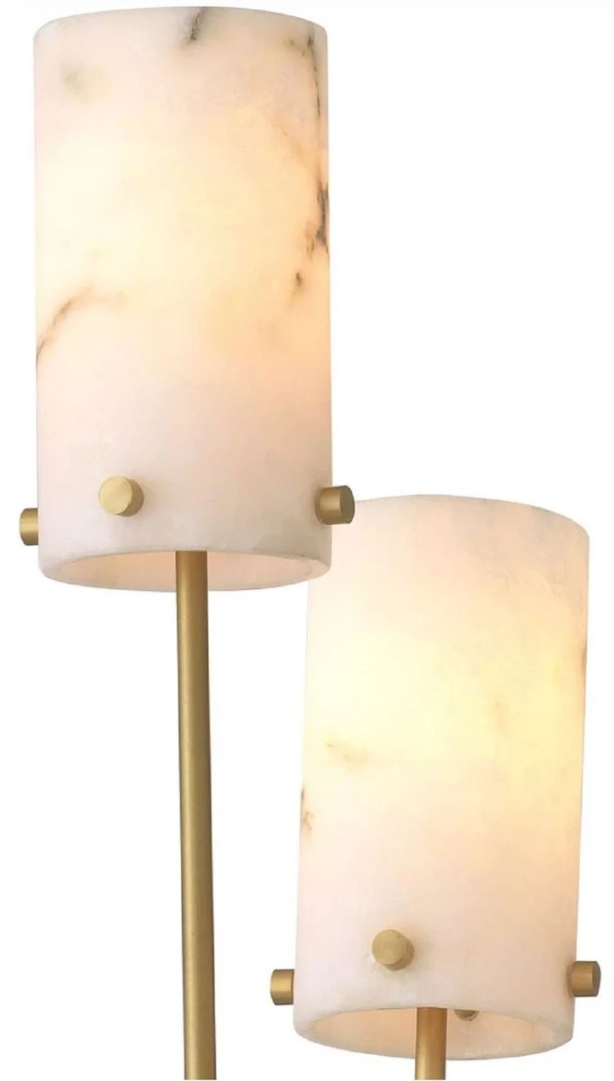 Casa Padrino Luxus Stehleuchte Antik Messing / Schwarz / Alabaster Ø 28 x H. 167 cm - Moderne Stehlampe mit Marmor Lampenfuß und runden Alabaster Lampenschirmen - Luxus Leuchten