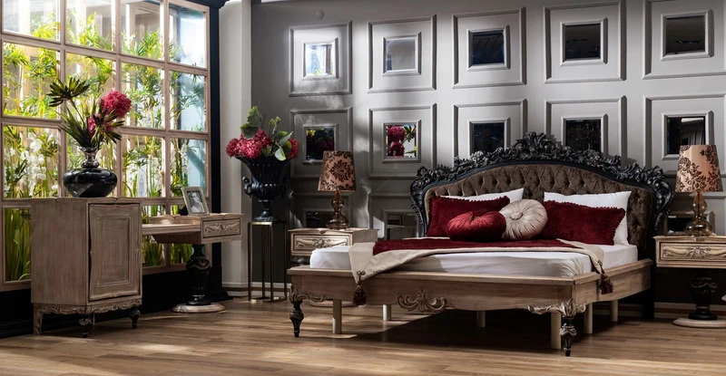 Casa Padrino Luxus Barock Doppelbett Dunkelbraun / Naturfarben / Schwarz / Gold - Edles Massivholz Bett mit Kopfteil - Prunkvolle Schlafzimmer Möbel im Barockstil