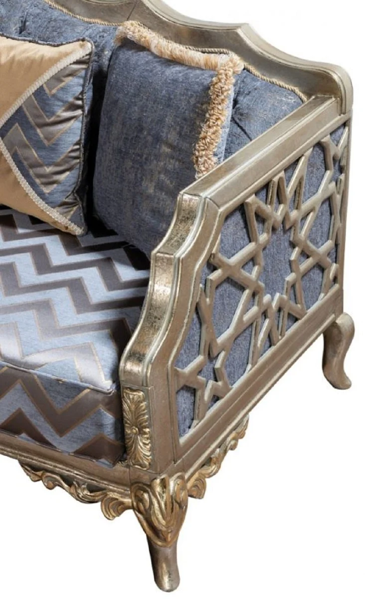 Casa Padrino Luxus Barock Sofa Blau / Silber / Gold - Handgefertigtes Wohnzimmer Sofa im Barockstil - Barock Wohnzimmer Möbel - Edel & Prunkvoll