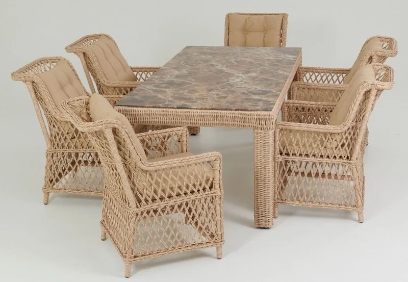 Casa Padrino Luxus Gartenstuhl 6er Set Naturfarben / Beige 57 x 61 x H. 80 cm - Rattan Stühle mit Armlehnen und Kissen - Moderne Rattan Garten & Terrassen Möbel