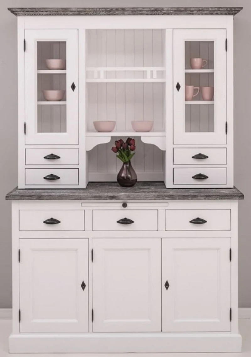 Casa Padrino Landhausstil Küchenschrank Weiß / Dunkelgrau 138 x 50 x H. 197 cm - 2 Teiliger Küchenschrank mit 5 Türen und 7 Schubladen - Landhausstil Küchenmöbel