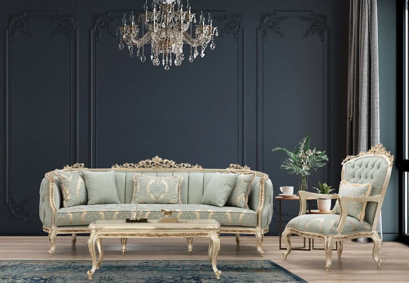 Casa Padrino Luxus Barock Sofa Grün / Antik Gold - Prunkvolles Wohnzimmer Sofa mit elegantem Muster - Barock Wohnzimmer Möbel