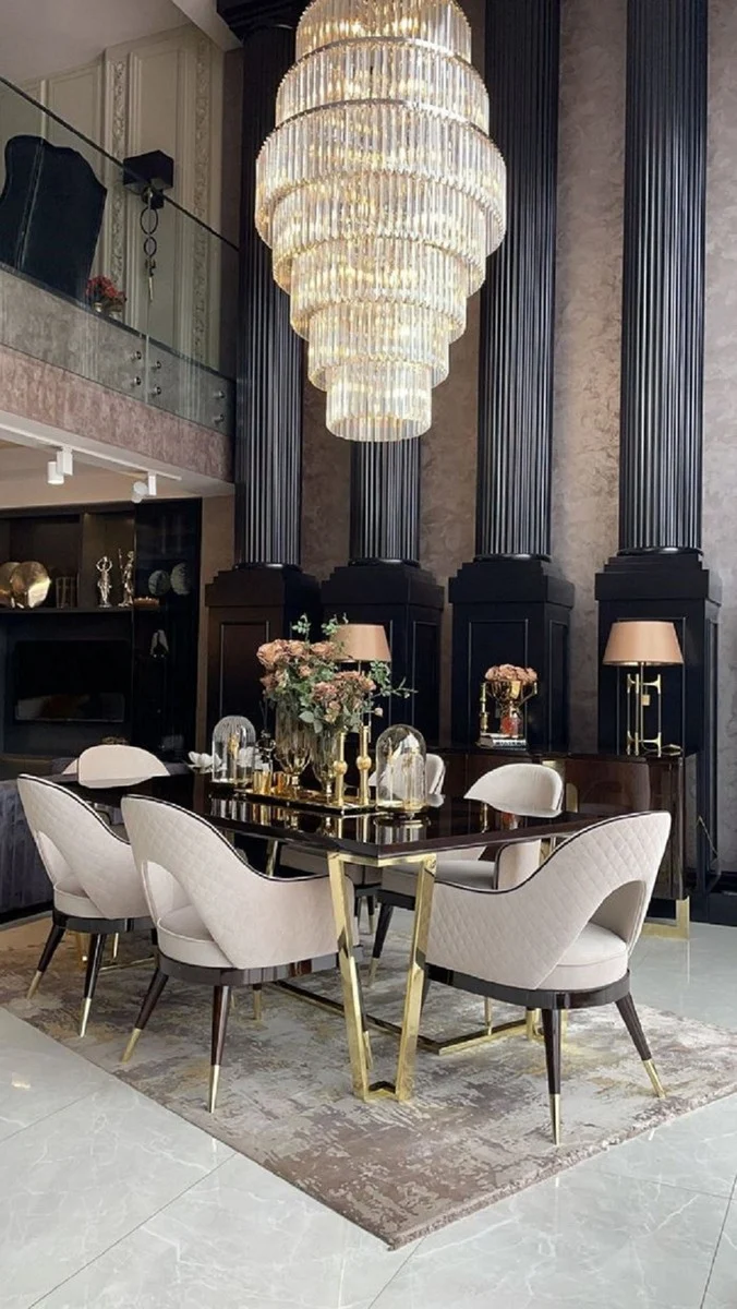 Casa Padrino Luxus Art Deco Esszimmerstuhl 6er Set Beige / Dunkelbraun / Gold 58 x 65 x H. 90 cm - Art Deco Esszimmer & Restaurant Möbel - Luxus Qualität