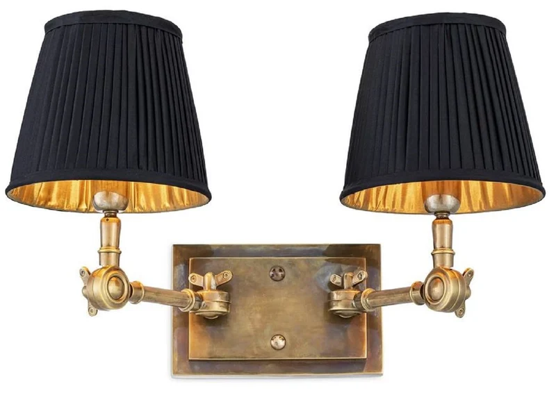 Casa Padrino Luxus Doppel Wandleuchte Vintage Messingfarben / Schwarz 33 x 25 x H. 25 cm - Edle Wandlampe mit Schwenkarmen - Luxus Qualität