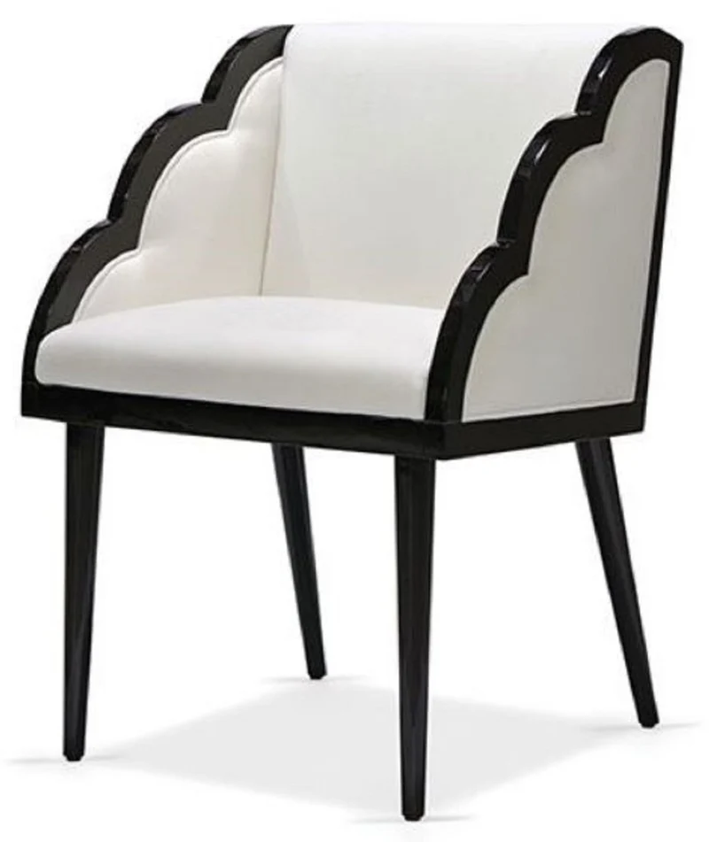 Casa Padrino Luxus Art Deco Esszimmerstuhl mit Armlehnen Weiß / Schwarz 61 x 67 x H. 89 cm - Edler Massivholz Küchenstuhl mit Samtstoff - Art Deco Esszimmer Möbel - Luxus Qualität