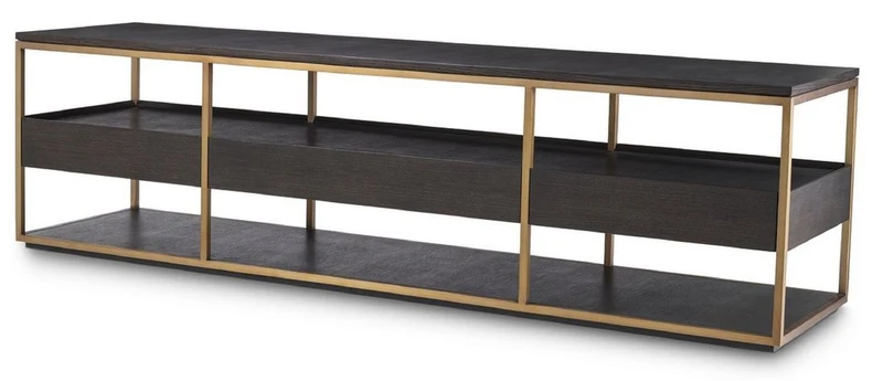Casa Padrino Luxus TV Schrank Mokka / Messing 220 x 55 x H. 61 cm - Massivholz Sideboard mit 3 Schubladen - Wohnzimmer Möbel - Hotel Möbel - Luxus Kollektion