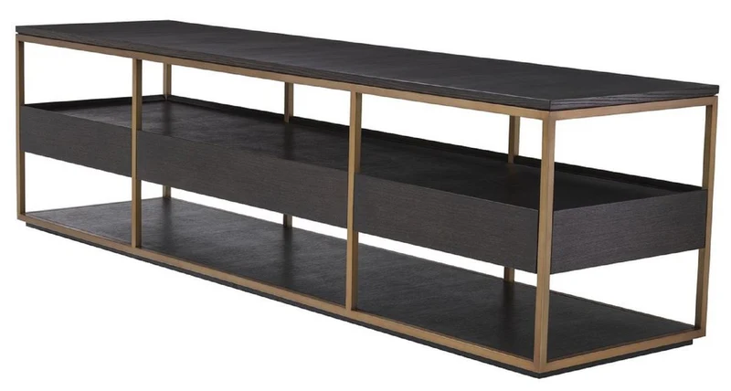 Casa Padrino Luxus TV Schrank Mokka / Messing 220 x 55 x H. 61 cm - Massivholz Sideboard mit 3 Schubladen - Wohnzimmer Möbel - Hotel Möbel - Luxus Kollektion