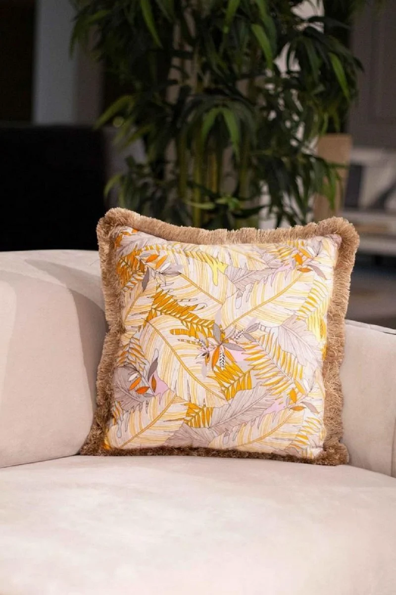 Casa Padrino Luxus Deko Kissen Blätter Design Mehrfarbig / Braun 45 x 45 cm - Bedrucktes Samt Kissen mit Fransen - Deko Accessoires