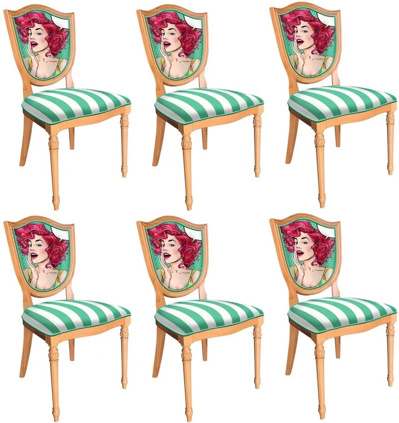 Casa Padrino Art Deco Esszimmerstuhl Set Grün / Weiß / Mehrfarbig / Naturfarben - 6 Handgefertigte Art Deco Küchen Stühle mit Design und Streifen - Art Deco Esszimmer Möbel