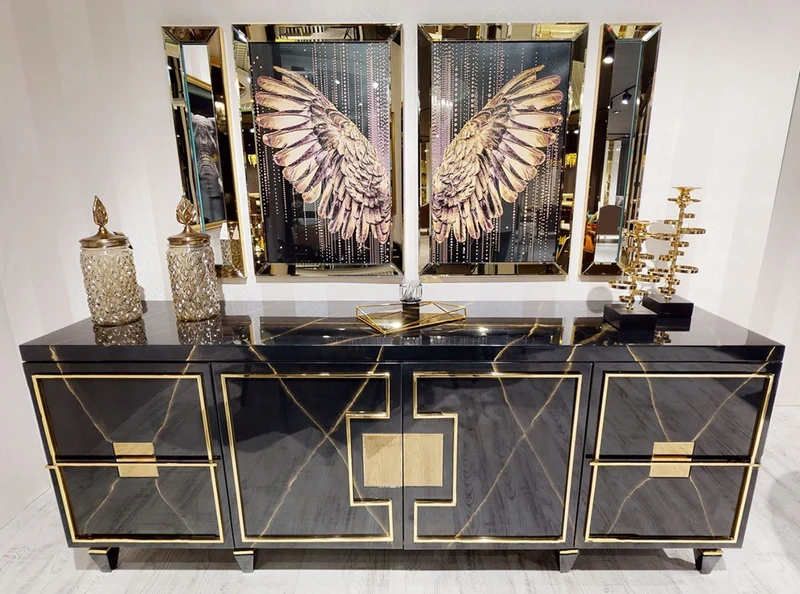Casa Padrino Luxus Art Deco Sideboard Schwarz / Gold - Edler Massivholz Schrank mit 4 Türen - Luxus Art Deco Wohnzimmer & Hotel Möbel