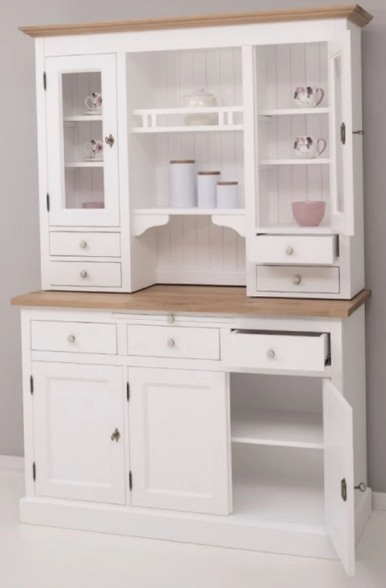 Casa Padrino Landhausstil Küchenschrank Weiß / Naturfarben 138 x 50 x H. 197 cm - 2 Teiliger Küchenschrank mit 5 Türen und 7 Schubladen - Landhausstil Küchenmöbel