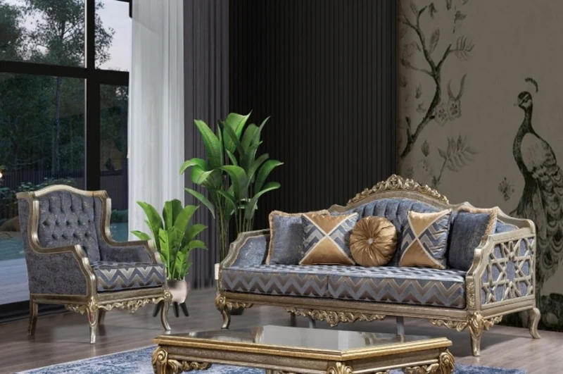 Casa Padrino Luxus Barock Ohrensessel Blau / Silber / Gold - Handgefertigter Wohnzimmer Sessel im Barockstil - Barock Wohnzimmer Möbel