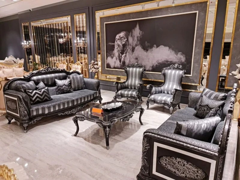 Casa Padrino Luxus Barock Wohnzimmer Set Grau / Schwarz / Silber - 2 Barock Sofas & 2 Barock Sessel & 1 Barock Couchtisch - Barock Wohnzimmer Möbel