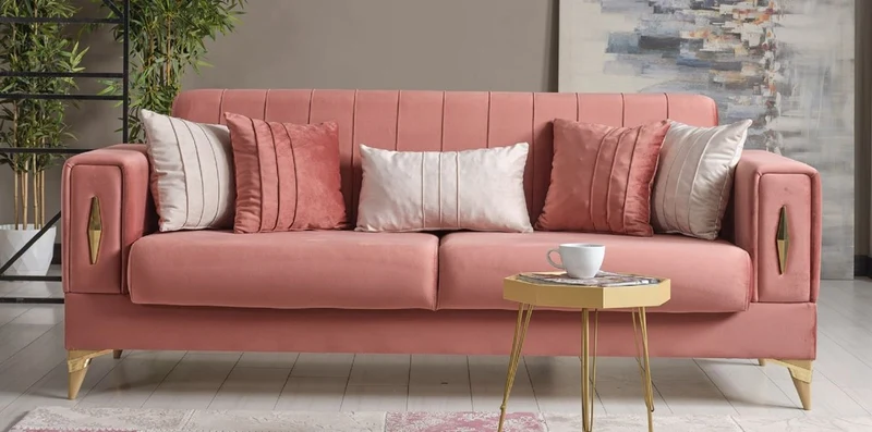 Casa Padrino Luxus Schlafsofa Rosa / Gold 222 x 93 x H. 87 cm - Wohnzimmer Sofa mit 5 Kissen - Luxus Wohnzimmer Möbel