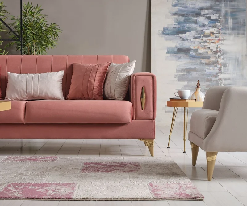 Casa Padrino Luxus Schlafsofa Rosa / Gold 222 x 93 x H. 87 cm - Wohnzimmer Sofa mit 5 Kissen - Luxus Wohnzimmer Möbel