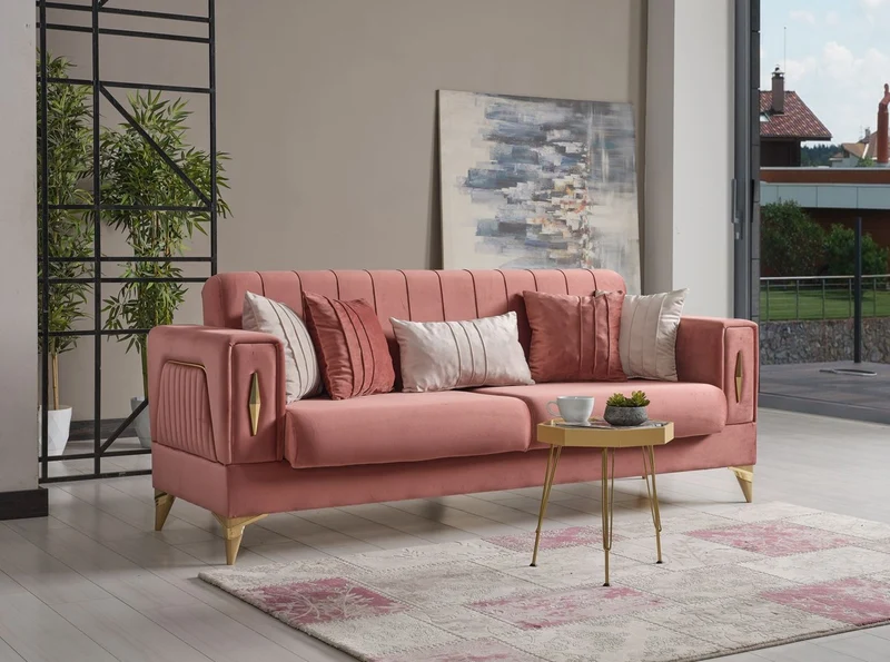Casa Padrino Luxus Schlafsofa Rosa / Gold 222 x 93 x H. 87 cm - Wohnzimmer Sofa mit 5 Kissen - Luxus Wohnzimmer Möbel