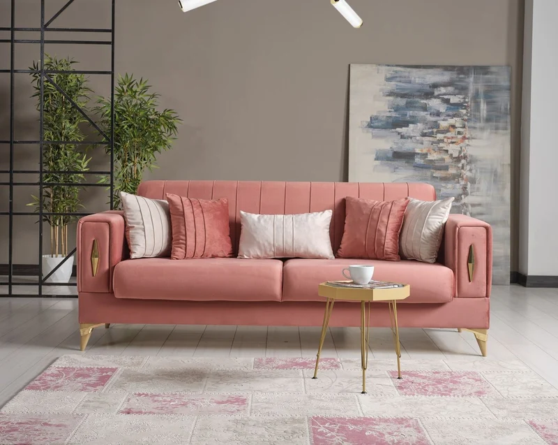 Casa Padrino Luxus Schlafsofa Rosa / Gold 222 x 93 x H. 87 cm - Wohnzimmer Sofa mit 5 Kissen - Luxus Wohnzimmer Möbel