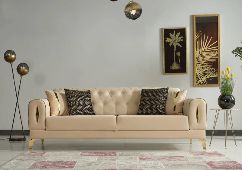 Casa Padrino Luxus Schlafsofa Beige / Gold 225 x 95 x H. 83 cm - Wohnzimmer Sofa mit 4 Kissen - Luxus Wohnzimmer Möbel