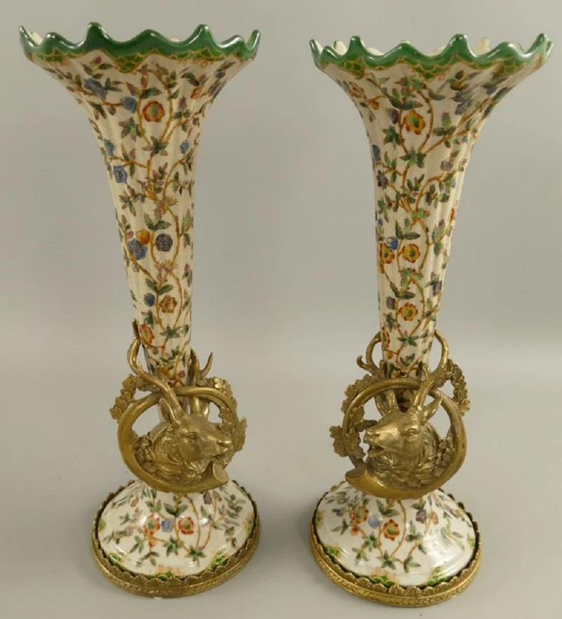 Casa Padrino Jugendstil Porzellan Vasen Set Creme / Mehrfarbig / Messing Ø 12 x H. 34 cm - Barock & Jugendstil Deko Accessoires