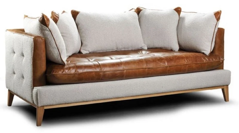 Casa Padrino Luxus Chesterfield 3er Sofa Braun / Weiß / Naturfarben 215 x 95 x H. 85 cm - Wohnzimmer Sofa mit Echtleder - Chesterfield Wohnzimmer Möbel