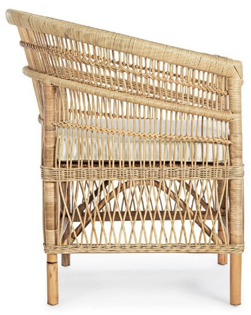 Casa Padrino Luxus Gartensessel Naturfarben / Weiß 79 x 72 x H. 86 cm - Rattan Garten & Terrassen Sessel mit Sitzkissen - Garten & Terrassen Möbel - Luxus Qualität