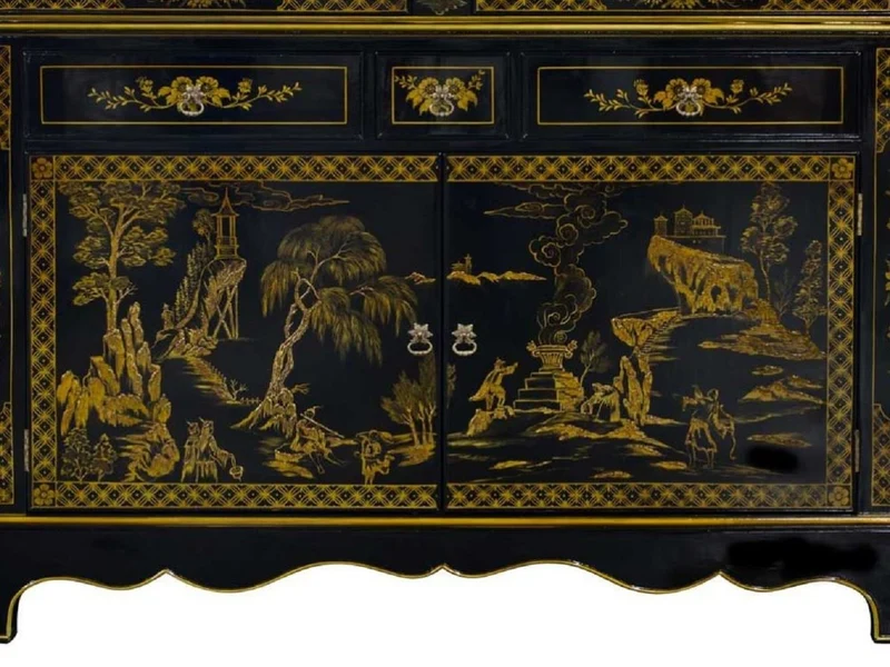 Casa Padrino Luxus Barock Vitrine im chinesischen Stil Schwarz / Gold - Handgefertigter Barock Vitrinenschrank mit 4 Türen und 3 Schubladen - Barock Möbel - Edel & Prunkvoll