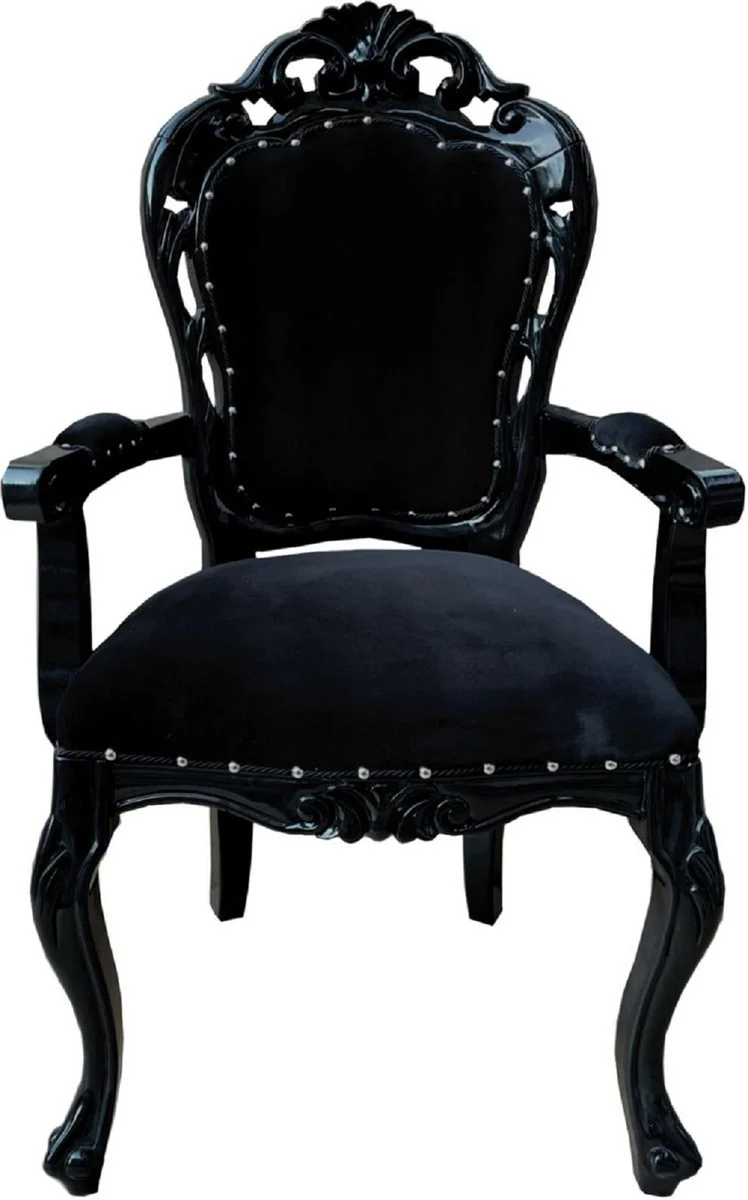 Casa Padrino Barock Esszimmerstuhl 4er Set Schwarz - Handgefertigte Antik Stil Stühle mit Armlehnen - Barock Esszimmer Möbel