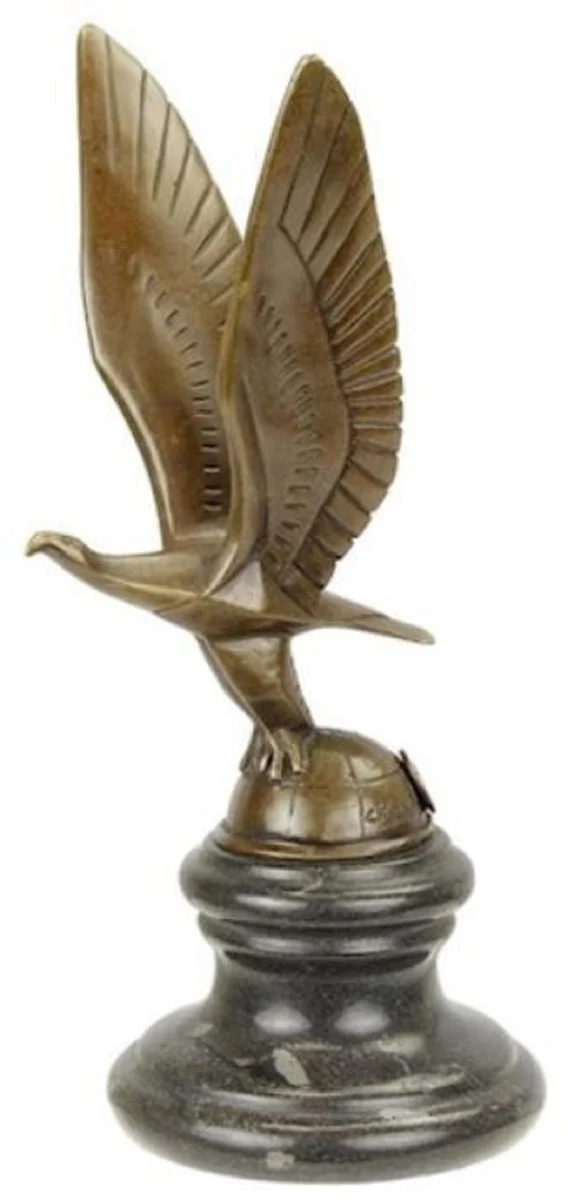 Casa Padrino Luxus Art Deco Bronze Skulptur Adler auf Globus mit Marmorsockel Bronzefarben / Schwarz 11 x 11,5 x H. 22,8 cm - Bronzefigur - Dekofigur - Deko Accessoires