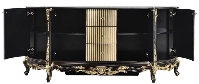 Casa Padrino Luxus Barock Sideboard Schwarz / Gold - Prunkvoller Massivholz Schrank mit 4 Türen und 3 Schubladen - Barock Möbel - Edel & Prunkvoll