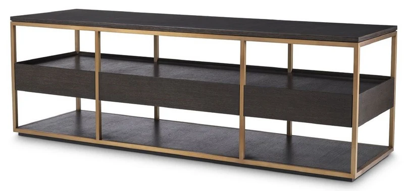 Casa Padrino Luxus TV Schrank Mokka / Messing 180 x 55 x H. 61 cm - Massivholz Sideboard mit 3 Schubladen - Wohnzimmer Möbel - Hotel Möbel - Luxus Kollektion